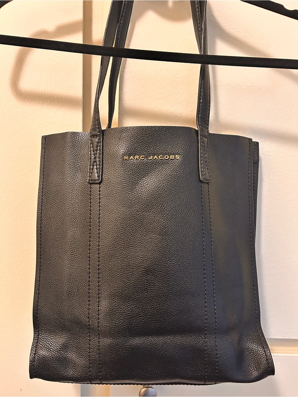 Marc Jacobs Black Pebbled Leather Vertical Tote with Gold Logo